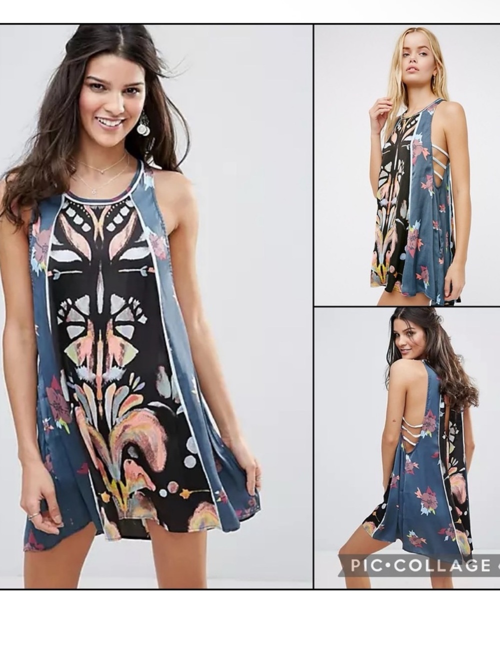 Free People Dream Free Blue Print Tunic Dress Sleeveless Open Ladder Sides Sz XS